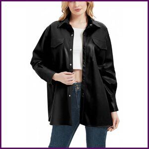Faux Leather Shacket Jacket Loose Fit Lapel Button Down Long Sleeve